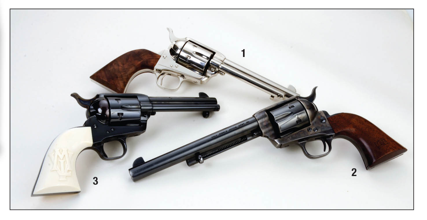 Shown are the three Colt SAA basic finish options since 1873 and three standard barrel length options: (1) nickel-plated with a 5.5-inch barrel, (2) blue with color-case hardened frame with a 7.5-inch barrel and (3) full blue with a 4.75-inch barrel.